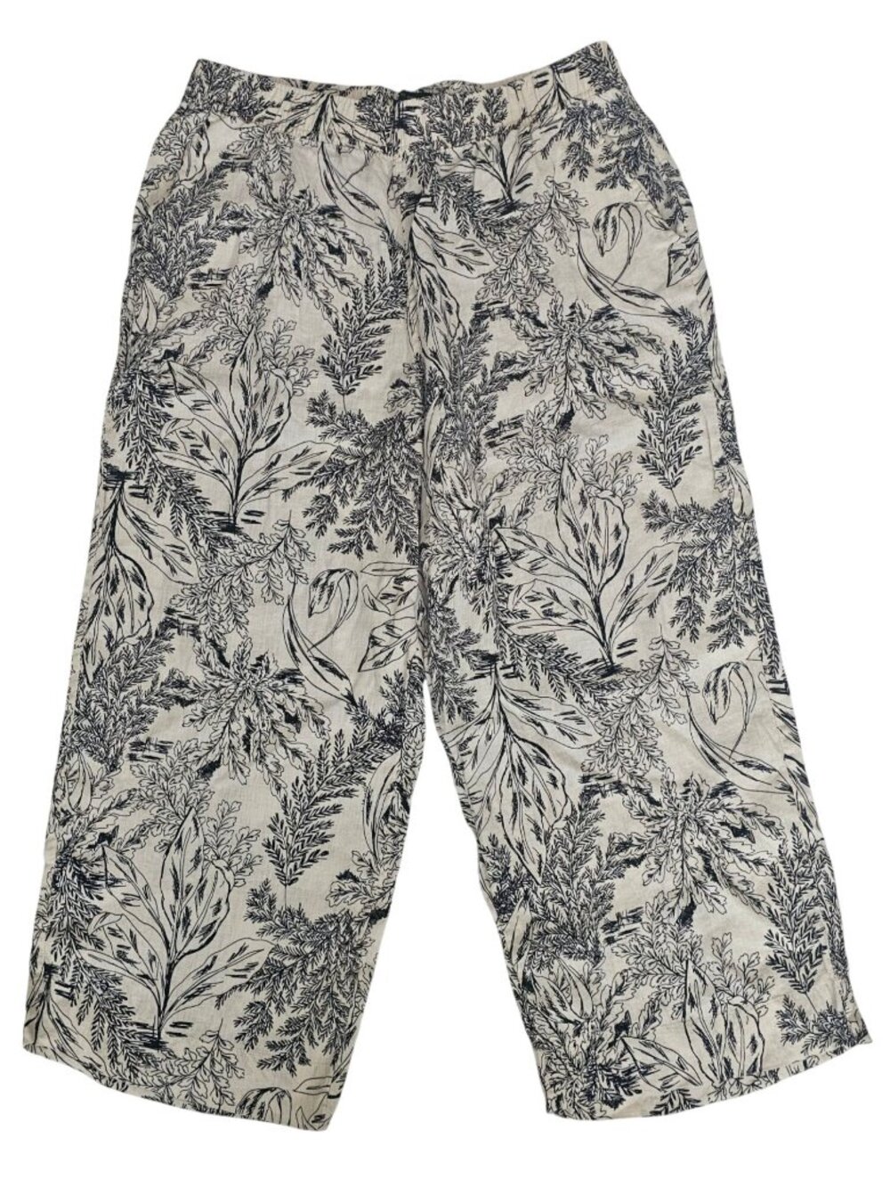 Tahari Black Leaf Print 100% Linen Elastic Waistband Wide Leg Crop Pants Size XL - Picture 2 of 12